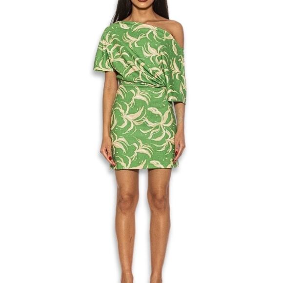Alexia Admor Mini Dress Suri Drape One Shoulder Comfortable Green/Yellow L NWOT - Picture 1 of 10